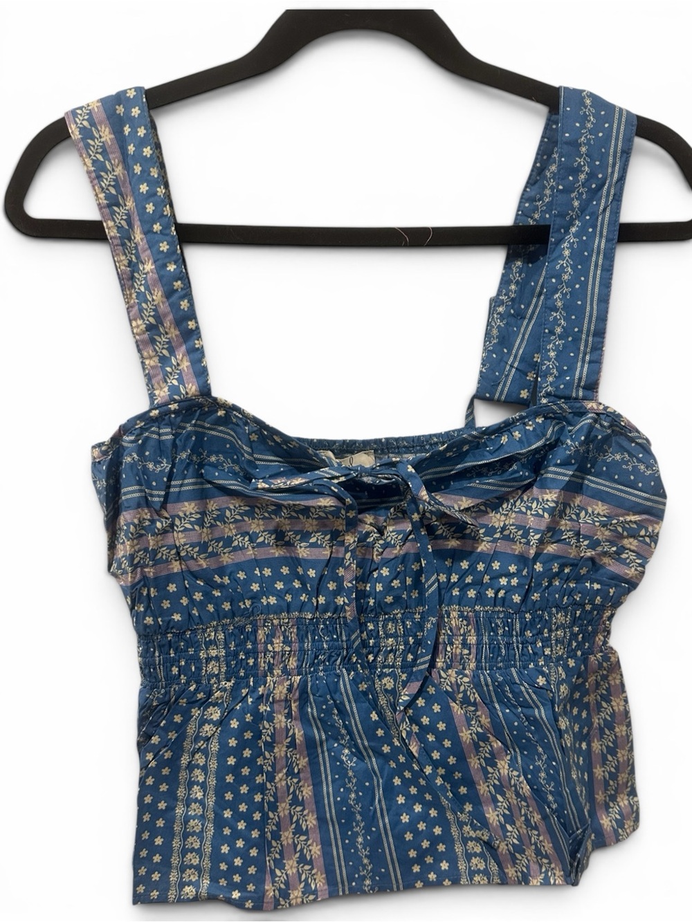 easel Blue Floral Stripe Smocked Tie-Front Tank Med & Lg Adjustable Straps
